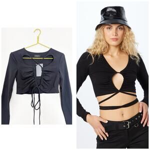 NWT Outcast Black Long Sleeve Cut Out Front Tie Up Crop Top Medium Scene Goth
